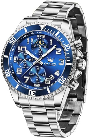 OLEVS Groß Uhr Herren Wasserdicht Leuchtend Edelstahl Mondphase Armbanduhr Herren Analog Chronograph Herrenuhren Arabische Ziffern mit Datum