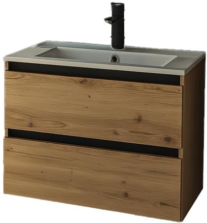 GERMAN Badmöbel Set 60 cm mit Keramik Waschbecken – Waschtisch Eiche Artisan & Schwarz Matt – Hängeschrank mit 2 Schubladen, Softclose & ohne Griffe – Badezimmermöbel modern