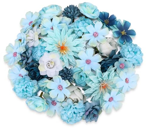 saerryor 40PCS Artificial Flowers Heads Small Blue Artificial Flowers | Cake Decorations Silk Faux Craft Flowers for Flower Wall Panel DIY Party Cake Hair Decorative Bridal Bouquet Wedding Party