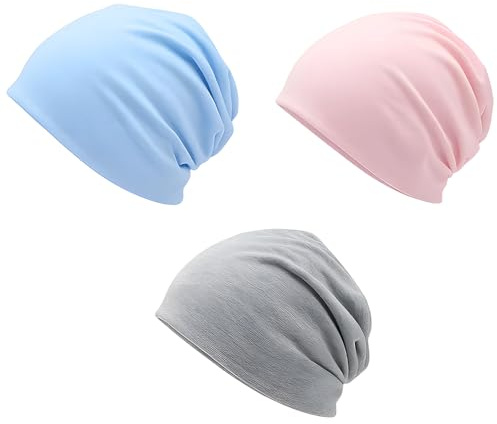 NieYat Beanie Mütze Damen,Chemo Mütze Damen, 3er Pack Baumwollmütze Damens, Bequeme Kopfbedeckung Chemo, Mützen Für Krebskranke Frauen, Hellgrau, Rosa, Hellblau