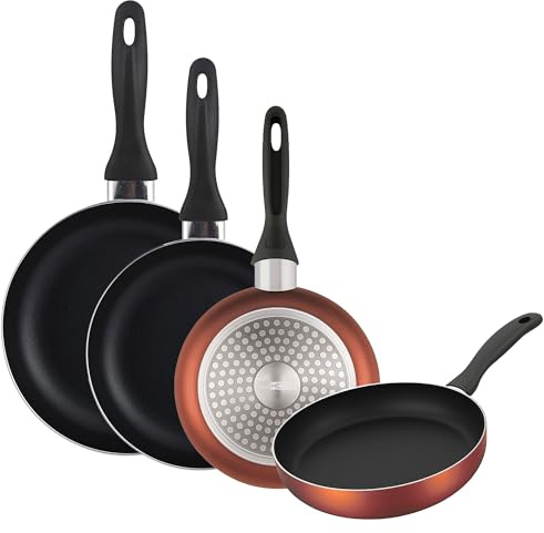 Juego de sartenes Ø16 Ø20 Ø24 y Ø28 cm inducción, antiadherente, en aluminio prensado, en color cobre metalizado