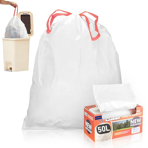 CHDEXU Heavy Duty Bin Liners 50L, Drawstring Anti-Leak Rubbish Bags, 30 Bags Large White Recycled Plastic Garbage Bags for Kitchen Bins, Office, Commercial 60 x 70cm