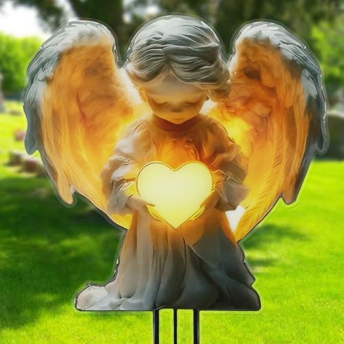 Zidoley Grabschmuck Wetterfest, 2D Grabengel Wetterfest Aus Acryl, Engel Für Grab Deko, Grabstecker, Herz Engel Grab Gartenstecker, Friedhof Deko Rasen (Stehender Engel)