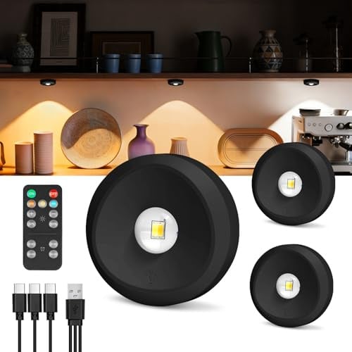 vsshe LED Schrankbeleuchtung, 3 Stück LED Spot Akku USB Aufladbar, Vitrinenbeleuchtung Kabellos mit Touch&Fernbedienung, Magnet Dimmbar Unterbauleuchte, 3 Farbtemperaturen Timer Indirekte Beleuchtung