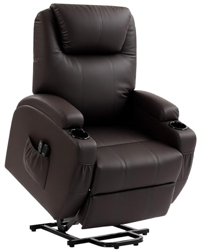 HOMCOM Fernsehsessel Elektrisch Relaxsessel mit Aufstehhilfe, Liegefunktion, TV-Sessel mit Fernbedienung mit USB-Anschluss, Becherhalter, Seitentasche, Kunstleder, für Wohnzimmer, Dunkelbraun