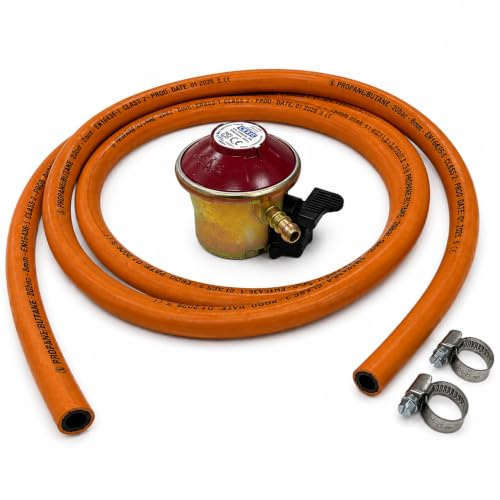 JD Brands Patio Gas Regulator 27mm Clip On with Hose & 2 Clips – Compatible with Calor & Flogas Propane Tanks for BBQs, Heaters & Outdoor Equipment (3 Meter Hose)