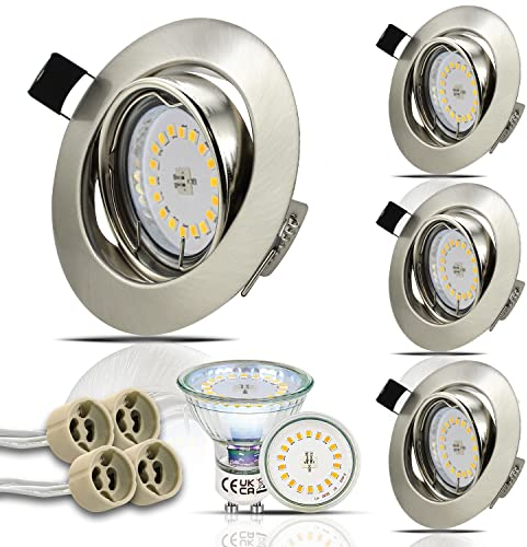 HiBay 4er Set LED Einbaustrahler 230V Spot mit GU10 5W LED Lampen Neutralweiß Einbauleuchten 68-80mm Decke Einbauspots Edelstahl Gebürstet Rund für Küche