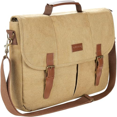 BRUBAKER Umhängetasche 'Safari' - Vintage Laptoptasche aus Poly Canvas - Aktentasche für Herren und Damen mit Magnetverschluss - Retro Arbeitstasche für Laptop - Messenger Bag - Braun