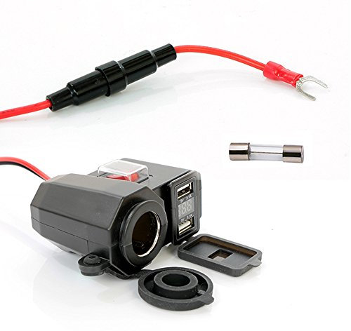 Motorcycle USB Charger 5V/2.1A Waterproof Dual Output USB Jack 12V DC Motorcycle Socket Charger Adaptor + Motorcycle Cigarette Lighter Integrated Switch +140cm Wire for Smartphone Navigator Black