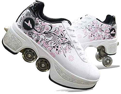 ScificWom Roller Skates Shoes, 2-in-1 Multi-Purpose Shoes with Wheels, Kick Roller Shoes,Roller Skates Shoes, Adjustable Quad Roller Skate Boots,Skating Schuhe,Weiß schwarz 35