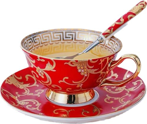Eplze YBK Tech Euro Style Bone China Cup& Saucer Set, Ceramic Tea Coffee Cup for Home Kitchen Wedding (Retro Flower Pattern- Red)