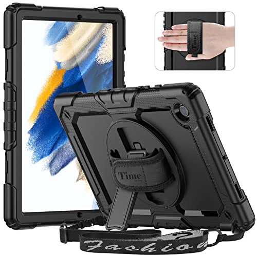 Timecity for Samsung Galaxy Tab A8 Case 10.5 Inch(SM-X200/SM-X205), Heavy Duty Shockproof Cover with Screen Protector, 360 Rotating Stand, Hand Strap, Sturdy Cover for Samsung A8 Tablet 2022-Black
