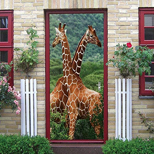 GSKBDQ Stickers Porte 3D Trompe L'Oeil Auto-Adhésif Autocollant De Porte Mural Poster De Porte Animal Girafe Plante Nature Amovible Papier Peint Salon Chambre Salle De Bain Décoration 77X200Cm