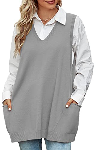 Niwicee Maglione Gilet Donna Scollo a V Pullover Maglione Senza Maniche,Autunnale Invernale Maglioni Oversize Tinta Unita mit Taschino,Cotone Top Smanicato Gilet in Maglia Elegante-B-Grigio Chiaro-L
