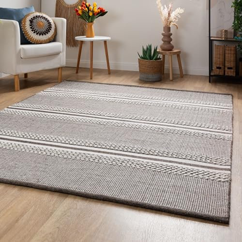 Steffensmeier Handweb Teppich Habo | Wolle (Schurwolle), Grau, handgewebt, Größe: 200x300 cm Wohnzimmer und Schlafzimmer