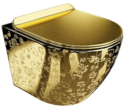 lavita Inodoro de pared Sofi Slim Golden Eye, Tapa de inodoro con descenso automático y bisagras de metal, inodoros sin borde colgante, 365 x 490 x 395 mm, dorado