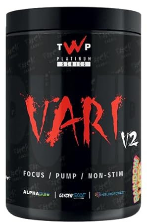 TWP Nutrition Platinum Series VARI V2, Non Stim Focus and Pump Pre Workout, 580g and 20 Servings, 5 Great Flavours (Rainbow Laces)