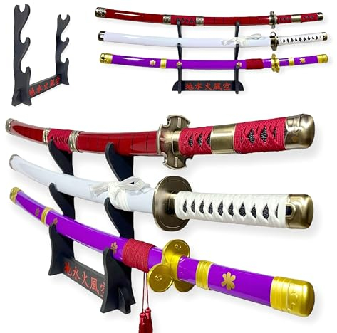 FÉENOMENN Katana One Piece Pack Zoro 3 Epées (ENMA, WADO ICHIMONJI, SANDAI KITETSU) - Lame Bois - Support Japonais Inclus