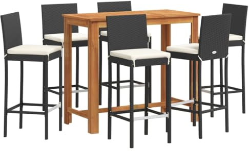 vidaXL Gartenbar Set 7-TLG., Bar Tresen Theke Bartisch Barhocker, Barset Sitzgruppe für Garten Terrasse, Gartentheke Gartenmöbel, Schwarz Massivholz Akazie Poly Rattan
