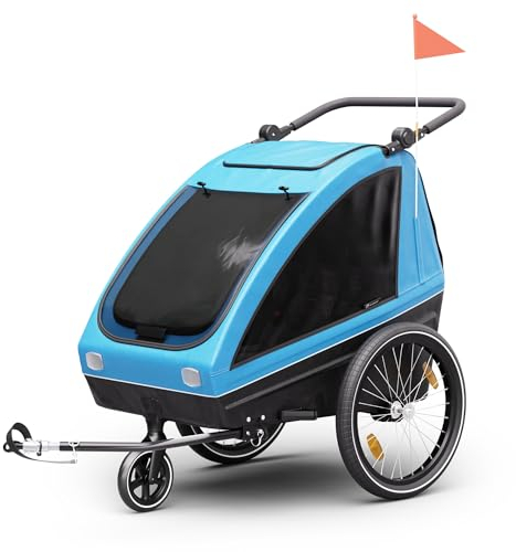 Klarfit GoKiddo Fahrradanhänger 2 Kinder - 2-in-1 Fahrradanhänger & Buggy mit Bremsen, Sicherheitsgurten, Verstellbaren Sitzen, 40kg Kapazität, Regen & UV Schutz, Zusammenklappbar, Blau