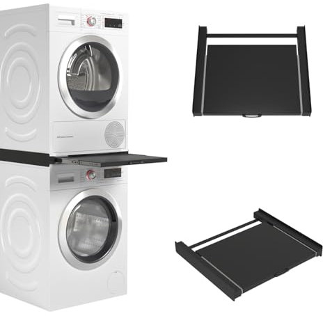 Wasophoogte® Kit de Superposition Lave-Linge Sèche-Linge – Kit de Superposition Machine à Laver Universel – Cadre Intermédiaire Compatible avec Tous les Appareils, Noir, Durable et Gain de Place