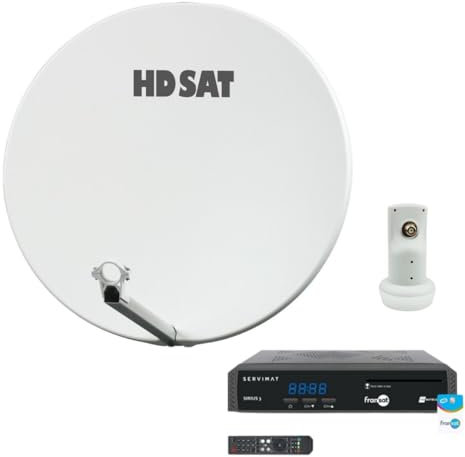 HDSAT - Lote de parábola satélite de fibra compuesta blanca 75 cm + LNB Single + Sirius 3 Receptor TV satélite HD + tarjeta