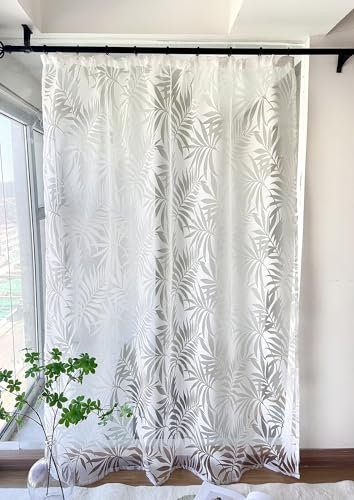 Devola Gardine Ausbrenner Blätter Fensterschal Transparent Küchenvorhang Lang Schiebevorhänge Modern Fertiggardine Wohnzimmer Voile Gardinenschals HxB 145x140cm Weiß mit Kräuselband 1 Stück