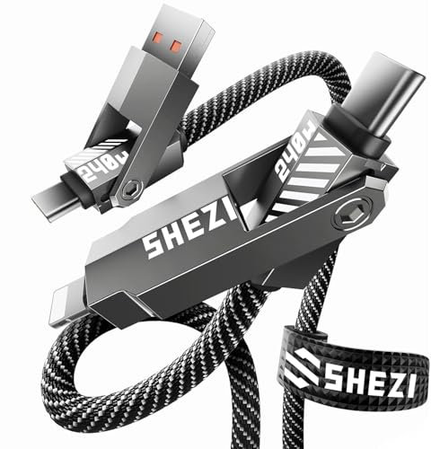 SHEZI 240W 4-in-1 Super Fast Charging USB C Charger Cable, USB C to Compatible With Lightning Cable, 1.5M Nylon Braided Multi Charging Cable, USBA/USBC to Compatible With Lightning/USBC