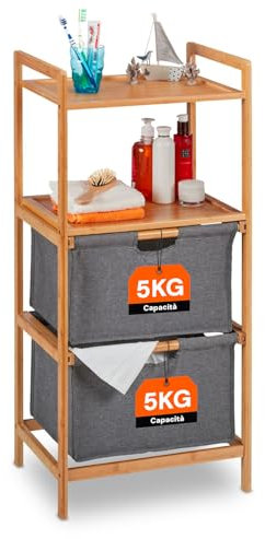 Avilia - Mobiletto Bagno Salvaspazio in Bambù con 2 Ripiani e Cesto Portabiancheria Rimovibile, Design Moderno Multiuso per Bagno, Cucina e Lavanderia Facile da Montare e Resistente