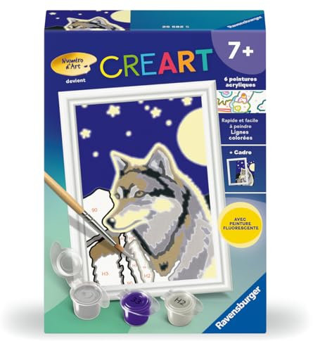 Ravensburger - CreArt Kids 8x12 cm - Numéro d'art - Portrait d'un Loup - Kit de Peinture par numéros - avec Peinture phosphorescente - Dès 7 Ans - 25582