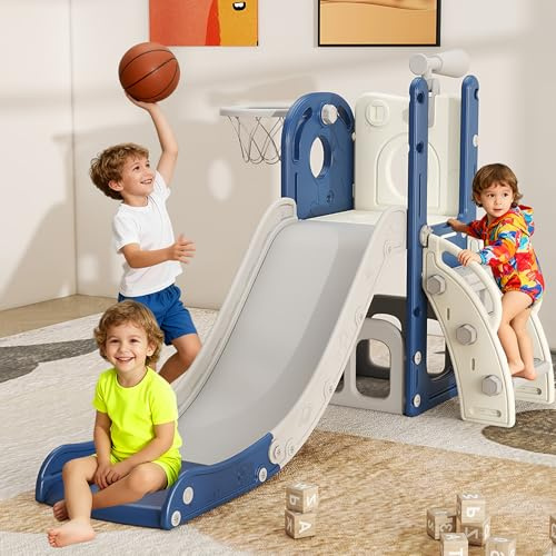 DOREROOM 6 in 1 Toddler Slide, Kids Slide for Toddler 1-3,Blue and White