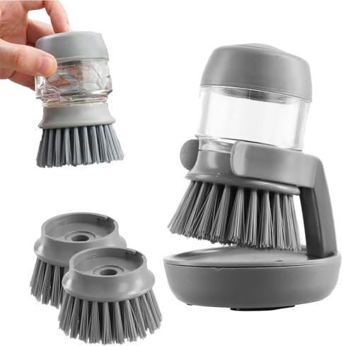 Multifunctional Pressing Cleaning Brush 2 in 1 Pressing Washing Up Brush with 2 Refills Brush, Dish Brushes for Kitchen, Bathroom, and Commercial Use