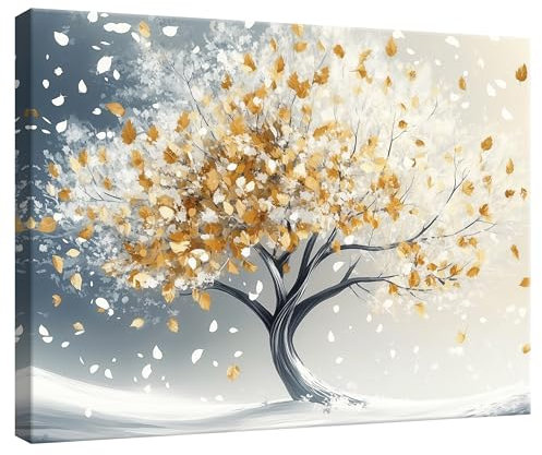 WallArena - Leinwand Bilder - Baum - 120x80 cm Leinwandbilder - Bild auf leinwand - Wandbild XXL groß Wandbilder für Wohnzimmer Schlafzimmer Wohnzimmerbilder Modern kunstdruck - Gold Winter Natur