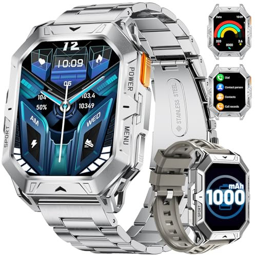 LIGE Militar Reloj Inteligente Hombre con Llamadas Bluetooth, Brújula, Altímetro, 2,13 AMOLED, 1000 mAh Batería, 100+ Modos Deportivos, Impermeable 10 ATM, Compatible con Android iOS, Plateado