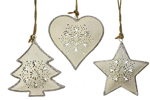Deko Anhänger Herz Stern Baum im 9er Set je 9 cm, Metall Altweiß Silberglitter, Nostalgie Weihnachtsdeko Dekokette Dekoanhänger Fensterschmuck Winterdeko