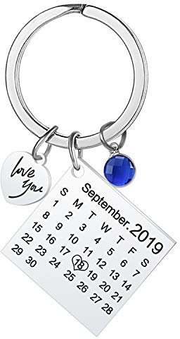 Porte-clés personnalisé avec Pierre de Naissance Calendrier personnalisé Date gravé en Acier Inoxydable Porte-clés pour Hommes Cadeau de Mariage commémoratif (Coeur Argent)