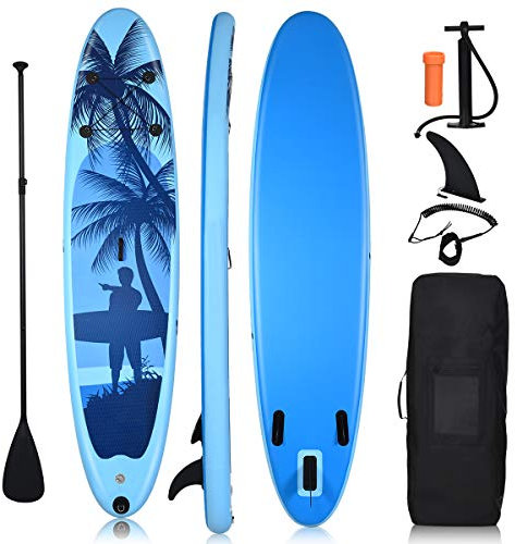 COSTWAY Stand up Paddle Gonflable Sup en PVC Construction 16CM Epais avec Pack d'Accessoires,Sac,Pagaie Réglable,Aileron Inférieur, Pompe à Main, Leash pour Jeunes et Adultes (Bleu clair, 305x76x15CM)