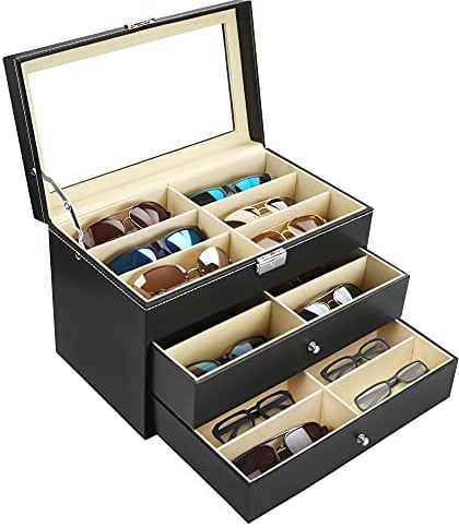 Kurtzy Scatola Porta Occhiali da Sole in Similpelle Nera - 18 Slot per Occhiali - Organizer Occhiali da Sole a 3 Livelli con Serratura e Cassetti - Portaocchiali Multiplo per Gioielli ed Orologi