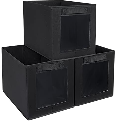 DIMJ Foldable Storage Boxes with Transparent Window Fabric Collapsible Storage Bin Basket with Handle for Wardrobe, Closet, Shelves Organiser (34 * 23 * 23 cm, Black)