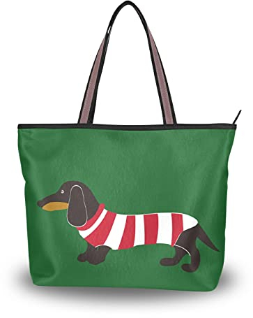 JUMBEAR Canvas-Tragetasche für Damen, Handtasche, niedlicher Dackel, rot / weiß gestreift, Kleidung für Damen, Einkaufs-Umhängetasche, Größe L, a, Large