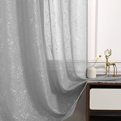 TERLYTEX Durchscheinende Vorhänge, grau, glitzernd, 160 cm Länge, schick, silberfarben, für Schlafzimmer, Stangendurchzug, Fenstervorhänge, Sichtschutz, 132 x 160 cm, 2 Stück, Silber/Grau
