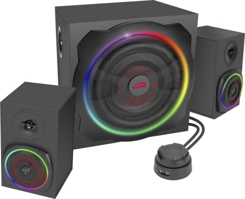 Speedlink GRAVITY RGB PC Lautsprecher 2.1 Soundsystem Bluetooth - PC Lautsprecher mit Subwoofer aus Holz, Aktiv Lautsprechersystem 120 Watt, 3,5mm Klinke, AUX, Tischfernbedienung, schwarz