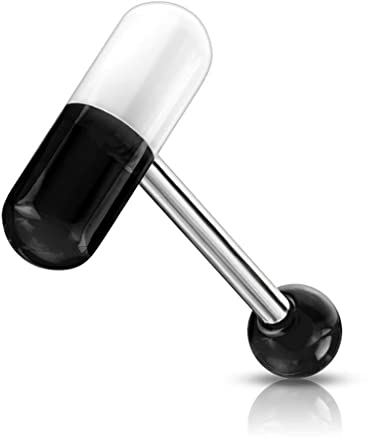 Paula & Fritz® Zungenpiercing Chirurgenstahl Acryl Zweifarbige Pille 16mm Stablänge 1,6mm Stabdicke Schwarz Weiß Tonque Barbell Edelstahl Gerade Hantel