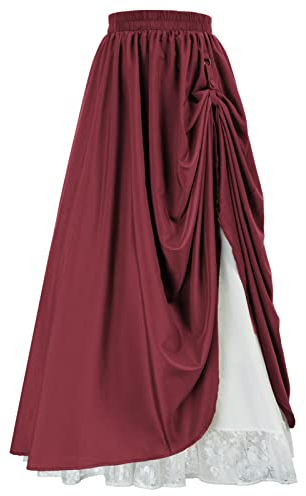 Scarlet Darkness Langer Maxi-Rock für Damen, doppellagige viktorianische Renaissance-Röcke, Dunkelrot, Mittel
