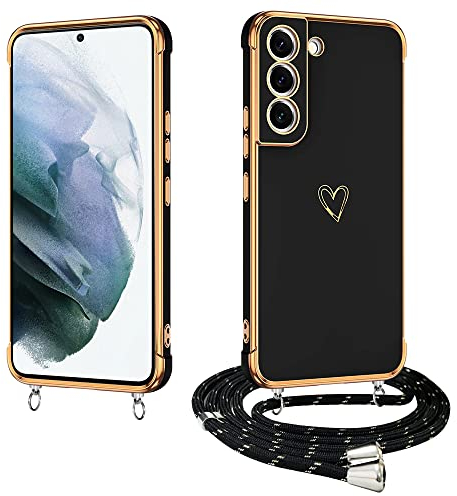 E-Lush Handyhülle für Samsung Galaxy S22 Hülle mit Band, Herz Love Muster Galvanik Silikon Handy Hülle für Samsung S22 Schutzhülle mit Kordel zum Umhängen Kameraschutz Stoßfeste Case, Schwarz