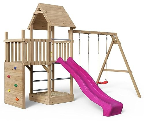 Spielturm Alex 430 - natürlich Lärche - Spielturm mit Kletterwand, Holzdach, Alusprossen, Sandkasten, Doppelschaukel und Rutsche pink
