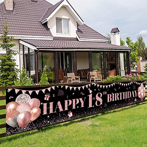 18 Geburtstag Deko Schwarz Roségold, Deko 18. Geburtstag Mädchen, 18. Geburtstag Mädchen Deko Banner Hintergrund, Groß 18. Geburtstag Stoff Schild Poster Banner für Geburtstagsfeier Deko, 300×50cm
