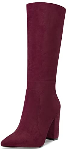 Aachcol Donna Stivaletti Metà polpaccio Chiusa a Punta Chunky Blocco Alto High Tacco Heel Dress Scarpe Scamosciato Cerniera Sexy Borgogna Rosso 10 CM 39 EU