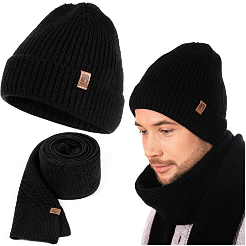 HEYO Herren Mütze Schal Set für Winter | Warme Strickmütze gefüttert Beanie Winterschal (Schwarz)