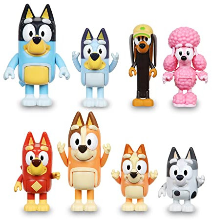 Bluey - Pack 8 Figuras, Juguete con los muñecos articulados de la Serie de Dibujos, los Personajes de los Amigos y Familia, como Bingo, Bandit y Chilli, para niños y niñas +3 años, Famosa (BLY36000)